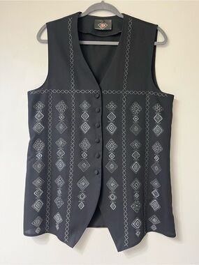 90’s Long Embroidered Button-Front Women’s Vest - Black